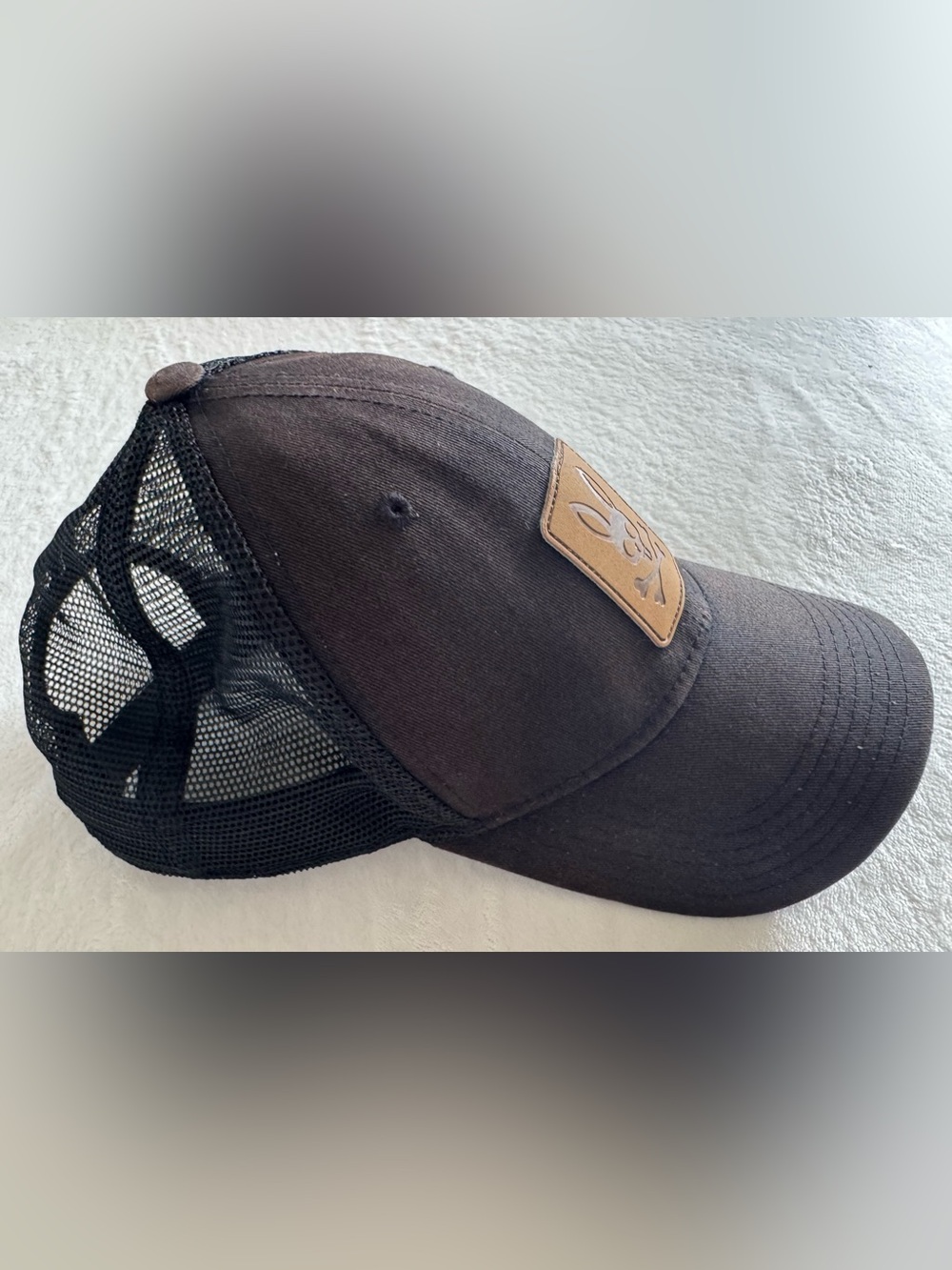 Psycho Bunny Black Back Mesh Trucker Cap Brown Leather Skull Bunny Patch - Picture 2 of 7
